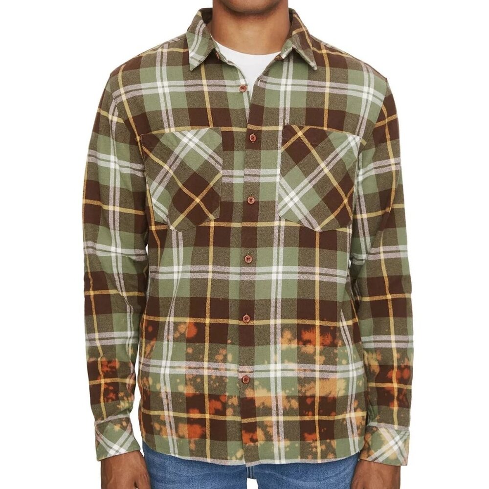 Eleven Paris Men's Paint Splatter Plaid Flannel Button-Up Shirt, Green Multi